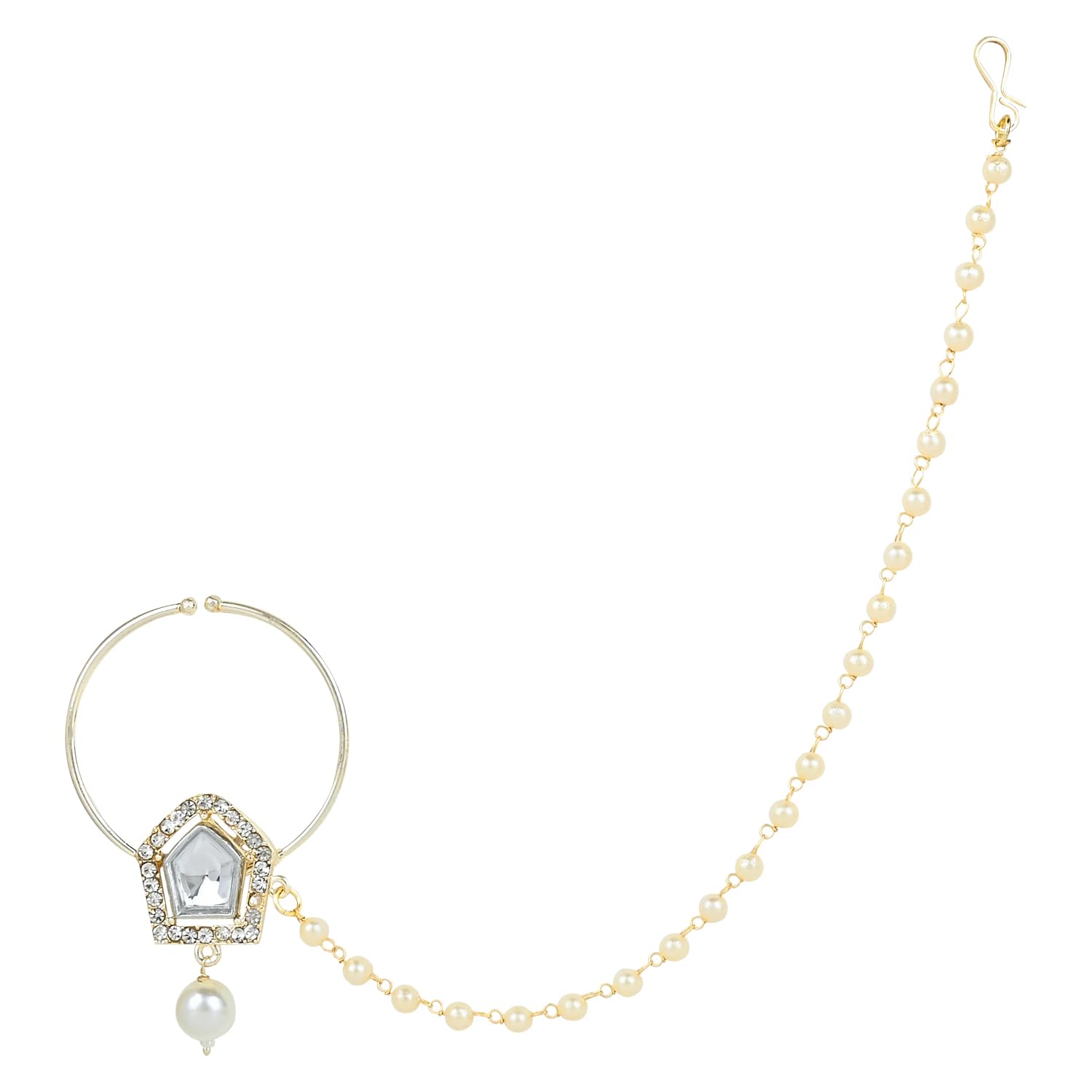 I Jewels Gold Plated Traditional Ethnic Bridal Nose Ring/Nath Without Piercing with Pearl Chain Encased with Pearl Stone for Women/Girls (NL61W) (B0CK1V391B) Amazon Price History, Amazon Price Tracker