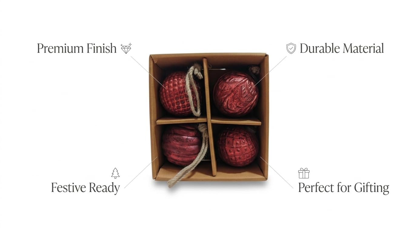 Pravenu Christmas Tree Ball Ornaments Set of 4, Red Decorative Hanging Baubles with Textured Finish, Christmas Tree Decorations for Holiday, Wreath, Garland, Party & Festive Home Decor, 3 Inch 3