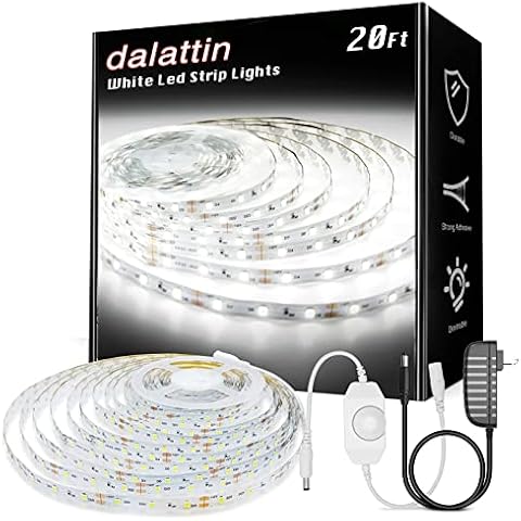 dalattin White LED Strip Lights, 20ft Dimmable Super Bright 24V Led Tape Light 6500K 360 LEDs Lights for Bedrooms, Mirror, Kitchen, Home Decoration Daylight White Cover