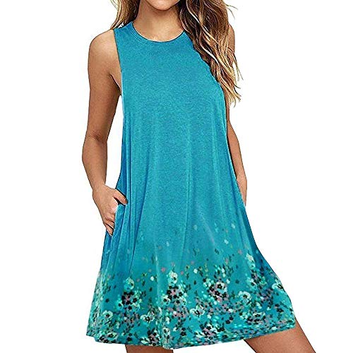 HOOUDO Femme Robe pour Femme décontracté Imprimé Floral Boho T-Shirt Robes avec Poches Mini Robe (Bleu Ciel, L)