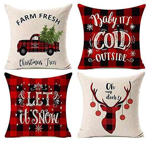 Kithomer Set of 4 Christmas Decorations Pillow Covers Christmas Buffalo Plaid Farmhouse Decor Throw Pillow Cases Retro Truck Cushion Cover 20 x 20 Inch Home Decoration