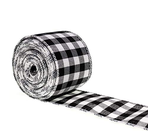 ATRBB White and Black Buffalo Plaid Ribbon Wired Edge Gingham Ribbon for Christmas Decoration and Bows Craft,10 Yards by 2.48 Inches (Style 2)