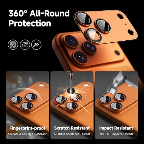 Image of CACOE Metal Camera Lens Protector for iPhone 17 Pro Max, 9H Tempered Glass with Aluminum Frame, HD Clarity & Scratch-Resistant Camera Screen Protector Cover Accessories(Orange)