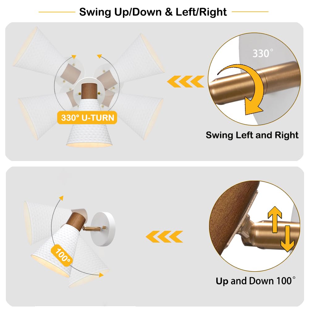 DSMJFU White Plug in Wall Sconces Set of 2, Modern Wall Light with Plug in Cord, Wooden Plug in Wall Lamps with Hammered Metal Shade, Wall Mounted Light for Bedroom, Living Room, Hallway, Bathroom