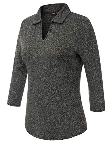 JACK SMITH Ladies 3/4-Sleeve Long Sleeve Polo Vneck Golf Polo(M,Black/Grey#)