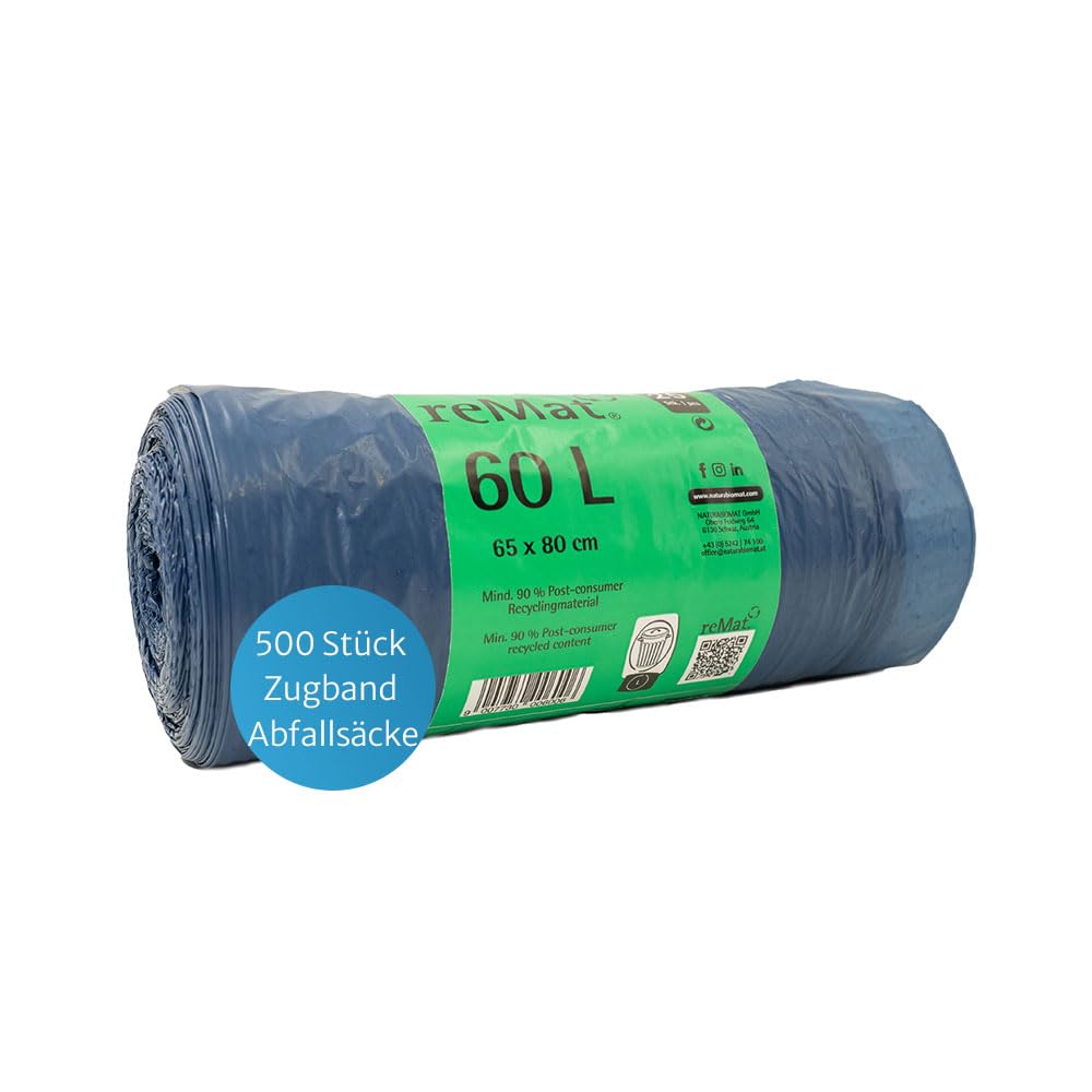reMat 60l Recycling Zugbandsäcke, 500 Stück, 24µm, 90% PCR