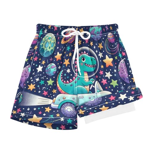 Boy Swim Trunks with Compression Liner Cartoon Space Dinosaur Boys Swim Shorts Quick Dry Beach Shorts