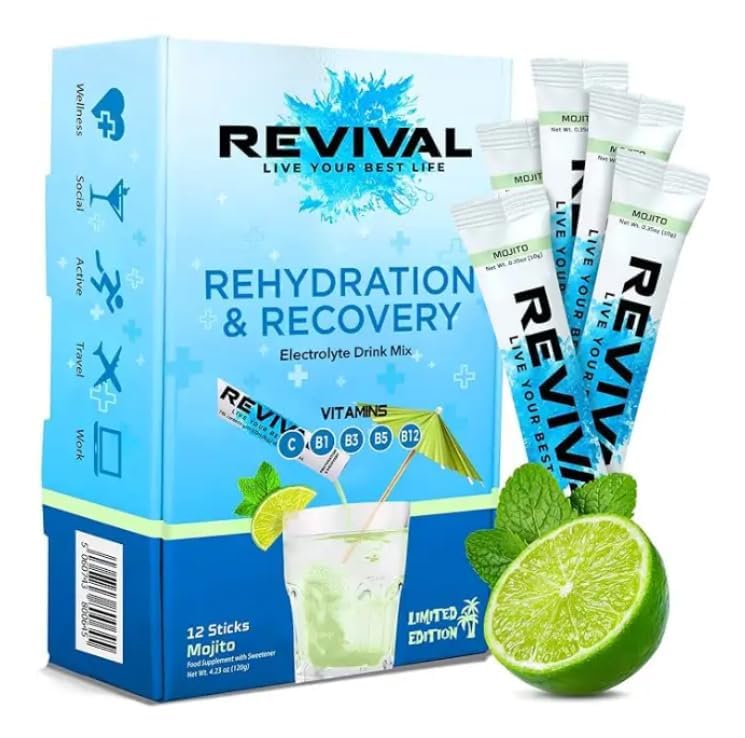 Revival Rapid Rehydration Electrolytes Powder - High Strength Vitamin C, B1, B3, B5, B12 Supplement Sachet Drink, Effervescent Electrolyte Hydration Tablets - 12 Pack Mojito
