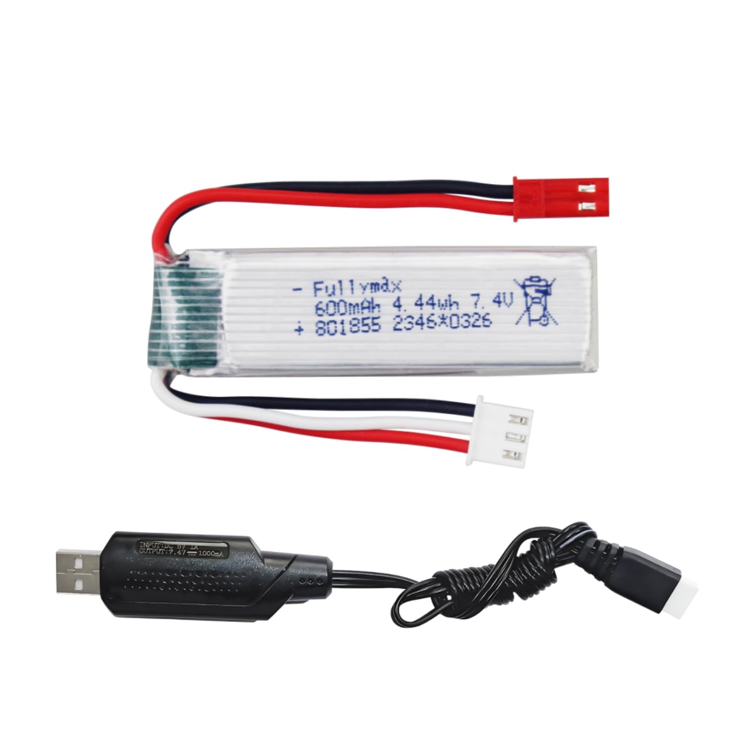 2S 7.4V 600mAh Lithium Ion Battery with USB Charging Cable for XK A280 A160 A300 RC Fixed Wing Aircraft Battery Glider Aircraft Model Making Toys Accessories