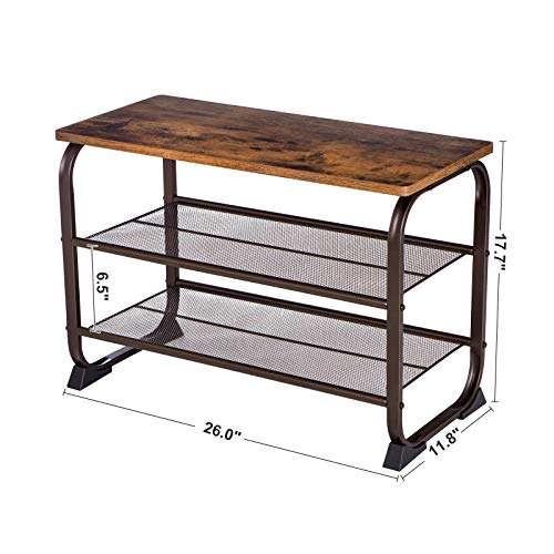 VASAGLE Industrial Shoe Bench Rack, 3-Tier Shoe Storage Shelf for Entryway Hallway Living Room, Wood Look Accent Furniture with Metal Frame, Easy Assembly