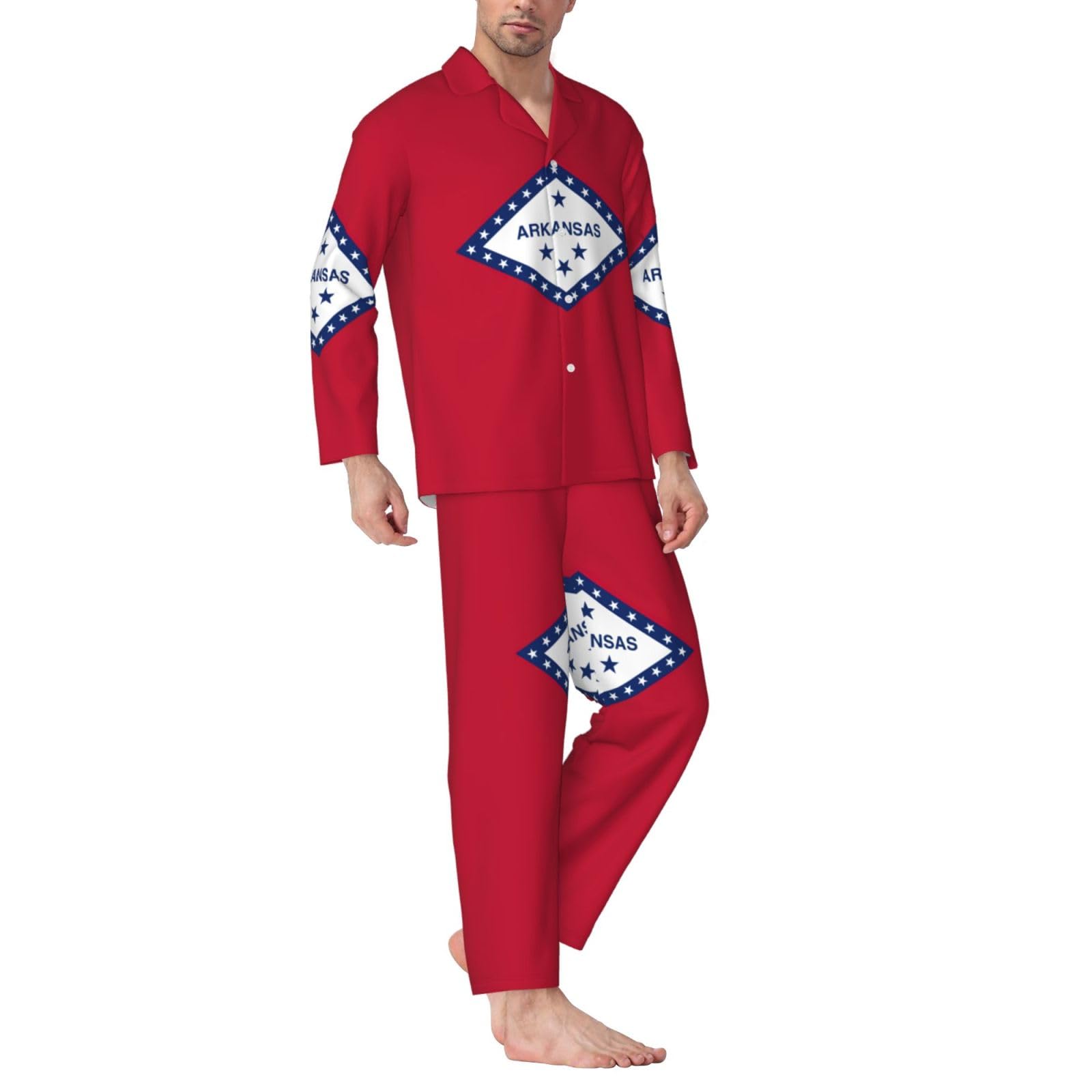 Arkansas State Flag Print Męska piżama z długim rękawem zestaw dwuczęściowy odzież domowa wygodna bielizna nocna bielizna nocna