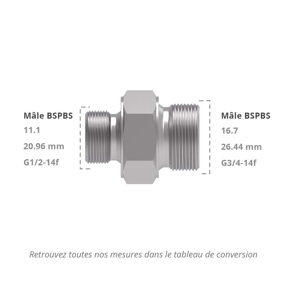 Raccord Hydraulique droit Mâle BSP pour bague BS 1/2 X Mâle BSP pour bague BS 3/4