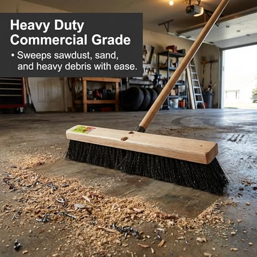 Image of Black Indoor Push Broom Head - Heavy Duty Hardwood Block - Polypropylene Bristles - Deck Scrub Brush - Two Threaded Handle Holes for Better Assist (14 inch)