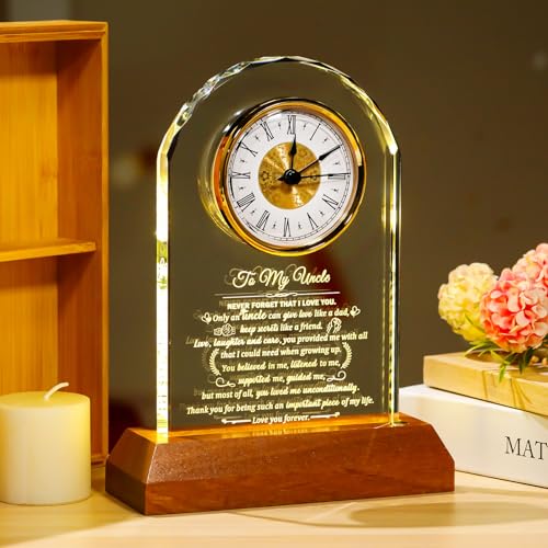 Image of Arikyrist Gifts for Uncle from Niece Nephew Glass Clock Birthday Gift with Wooden Light Base, Presents for Best Uncle Who Have Everything Fathers Day Christmas Keepsakes Table Decor