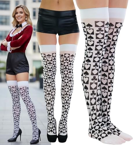 Image of ToBeInStyle Women's Harlequin Jester Thigh High Stockings Playing Card Checkered Opaque Halloween Costume Hosiery
