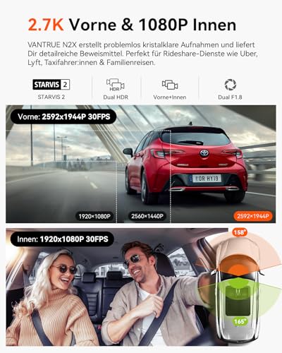 VANTRUE N2X 2.7K+1080P Dashcam Auto Vorne Innen, STARVIS 2 Dual HDR Nachtsicht Dash Cam, 2.5K/60FPS Front, GPS, 5GHz WiFi, App & Sprachsteuerung, 2″ 323° Dasch-Cam 24/7 Parkmodus, G Sensor, max. 1TB – Bild 3