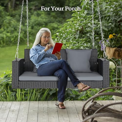 Image of VINGLI 4FT Outdoor Porch Swing, Wicker Patio Swing with Chains, Gray