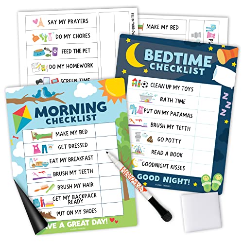 Image of Magnetic Morning & Bedtime Routine Chart for Kids - Customizable Toddler Daily Schedule Board with Dry Erase Surface, Stickers & Marker, Build Habits with Visual Checklists, Colorful Doodle Theme