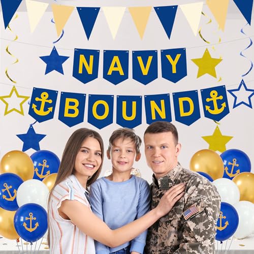 Image of Holkcog Navy Party Decorations, Blue White Military Themd Banner, Farewell Party Welcome Ceremony, Navy Bound Themed Cupcake Decorations, Boot Camp Bound Cupcake Topper Supply