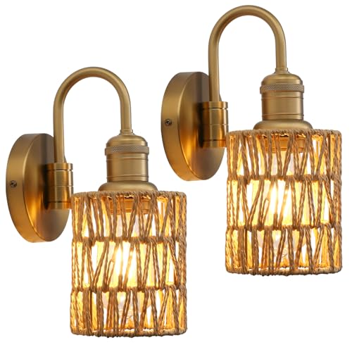 Image of Vintage Gooseneck Sconces Wall Decor Set of 2 with Rattan Shade, Boho Wall Sconces Set of Two Hardwired Wall Lamp Fixture for Living Room Bedroom Bedside Hallway