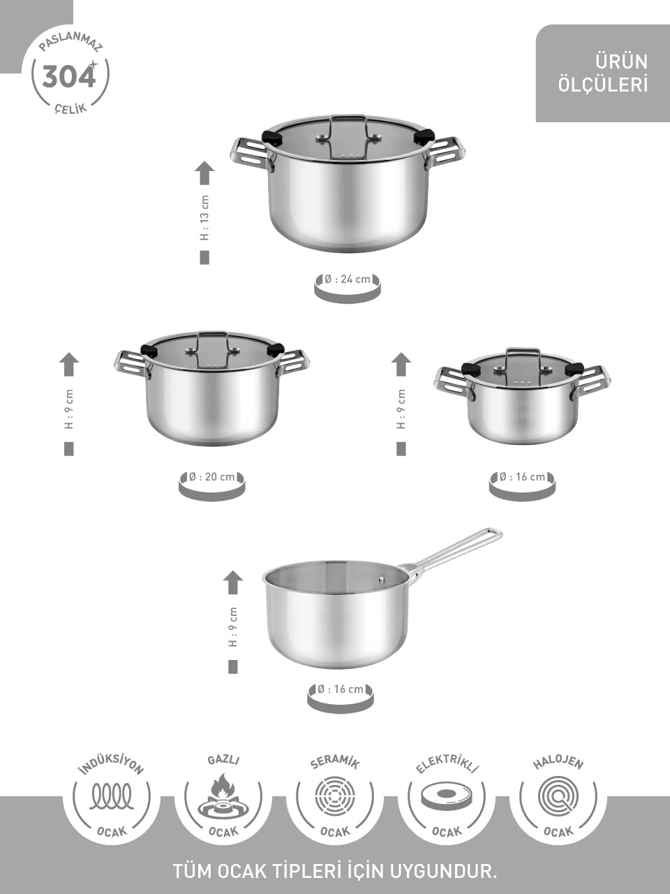 Hascevher Venedik 7 Pcs Set (16/20/24 cm Topf +16 cm Milchtopf)