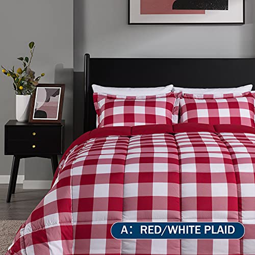 downluxe Lightweight Plaid Comforter Set (Twin) with 1 Pillow Sham - 2-Piece Set - Red/White Plaid - Down Alternative Reversible Comforter