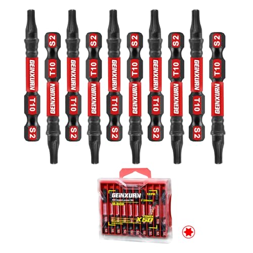 Geinxurn 10Pieces 2 In. T10 Impact Tough Magnetic Screwdriver Bit Set #10 Torx Head Power Bits S2 Alloy Steel Star Bits with Storage M-Box