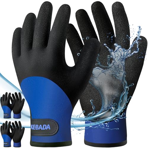 Image of Kebada T2 Waterproof Winter Work Gloves for Men and Women, 2 Pairs, Blue | Small, warm winter working gloves, wrist closure, latex coated, secure grip. Ideal for cold storage, snow removal & outdoor