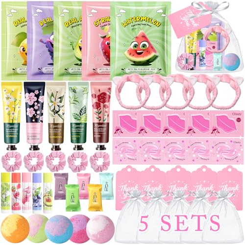 55PCS Spa Party Supplies for Girls Spa Party Favors Face Masks Hand Cream Lip Balm Lip Mask Under Eye Patches Foot Bath Bombs Spa Birthday Sleepover Party Supplies Spa Gifts for Women