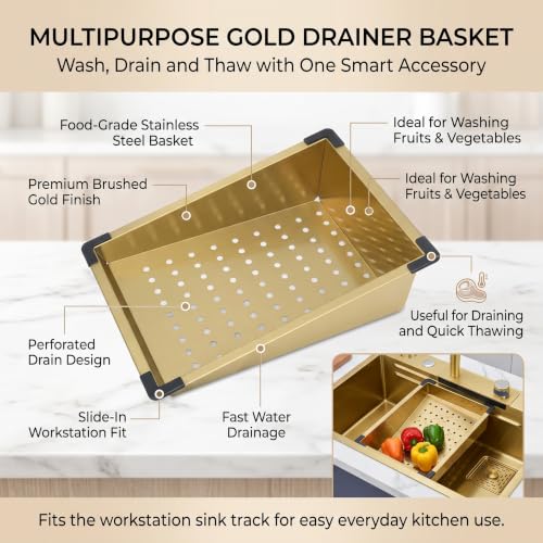 Image of InArt All-in-One Waterfall Kitchen Sink, Brushed Gold Nano Stainless Steel, Single Bowl 30 x 18 Inches, with Pull-Out Faucet, RO Tap, Glass Rinser and Drain Basket