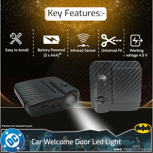 Image of Involve DC Batman 1989 Logo Projector LED Car Door Light -Set of 2 Pcs - Wireless Welcome Light with Shadow Ghost Logo | OFFICIAL Licensed DC MERCHANDISE from Warner Bros| Car accessories 2025