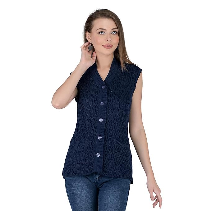 lady willington Women's Woolen Sleeveless Self Design Cardigan - Daffodil Fabric Winter Wear Pure Wool 100% Daffodil Wool Free Size Cotty Fully Warm with Front Pockets (XXL, Navy)-picture-32