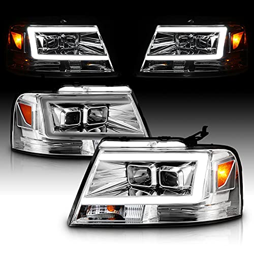 Image of AmeriLite for 2004-2008 Ford F150 C-Type LED Tube Square Projector Clear Chrome Headlights Assembly Pair - Driver and Passenger Side