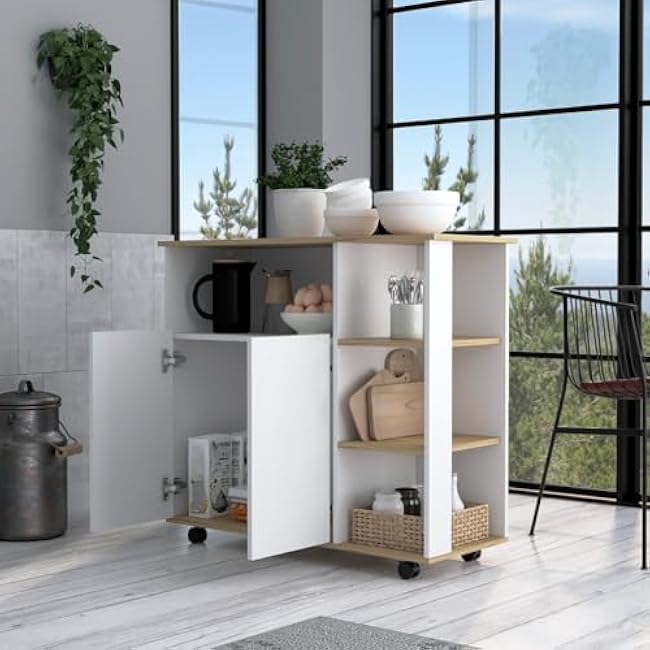 Kitchen Cart with Four Open Shelves and Double Door Cabinet, 35 Height, Casters for Easy Mobility, Light Oak/White Finish-vAzhkXt7