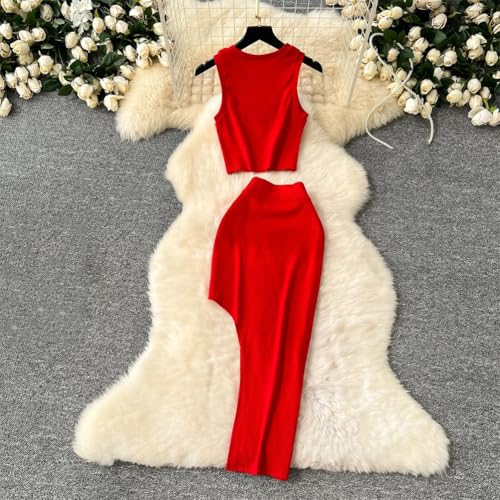 Women Beach Vacation Sets O-Neck Sleeveless Top High Waist Asymmetrical Pencil Skirt4