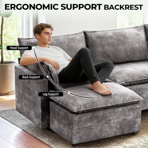 Image of LEVELEVE 112.5 inch U-Shape Modular Sofa with 2 Ottomans, Deep Seat Cloud Convertible Sleeper, 2 Arm Pillows, Cozy Upholstered Furniture for Living Room Apartment, Dark Grey