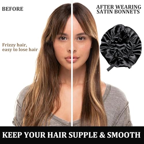 Image of Satin Hair Bonnet for Sleeping | Multi-Use Women and Girls | 3 Scrunchies | 1 Scalp Massager Brush | Anti-Hair-Breakage (Black)