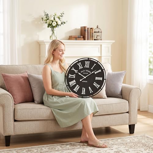 Image of EMAX HOME 20 Inch Large Farmhouse Wall Clock, Rustic Black Distressed Wood Grain Face with White Roman Numerals, Silent Non-Ticking Quartz Movement, Metal Frame Wall Decor for Living Room, Bedroom.