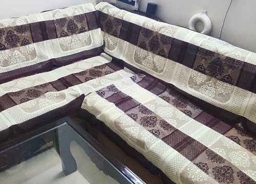 Image of Fab Nation Cotton L Shape Sofa Covers for 5 Seater Sofa Set | Sofa Slipcovers for 3 + 2 Seaters Cover Set | Brown & Cream
