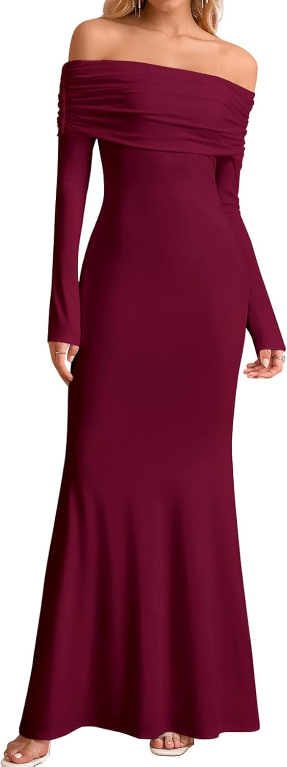 KUTUMAI Elegant Off Shoulder Long Sleeve Maxi Dresses for Women Fall Bodycon Fishtail Formal Wedding Guest Dress