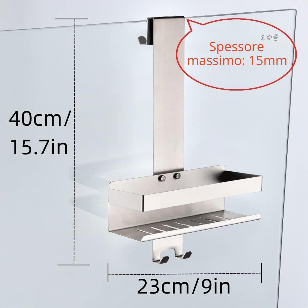 Mensola per Cabina Doccia Portaoggetti da Appendere Staffa per Shampoo Nichel Spazzolato Vetro Ganci K07-23BNGL