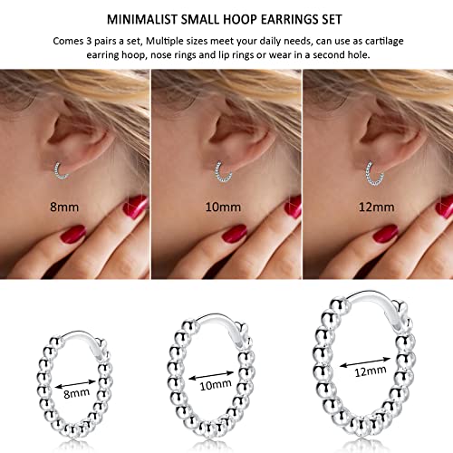 CERSLIMO Silver Hoop Earrings for Women| 3 Pairs Small Sterling Silver Post Beaded Huggie Earrings| Hypoallergenic Tiny Cartilage Sleeper Cuff Jewelry for Men Ladies, 8mm 10mm 12mm2