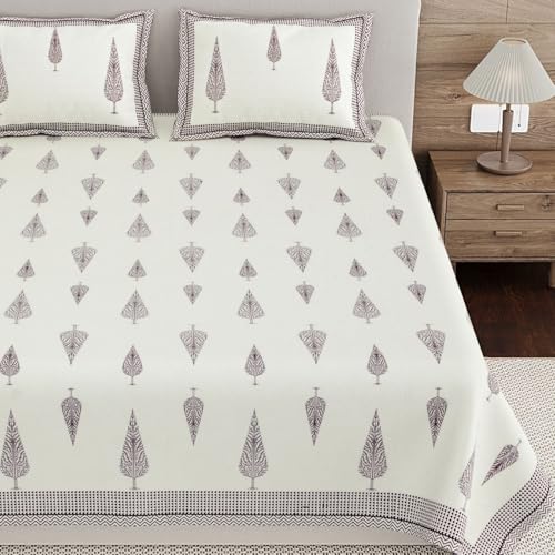 Image of Living Roots Ethnic Jaipur Block Print Double Cotton Bedsheet & 2 Pillow Covers, for Mattress Upto 6 inches Thick, No Colour Bleeding, Maroon Colour, King Size 90 * 108 inches, 120TC (606-B)