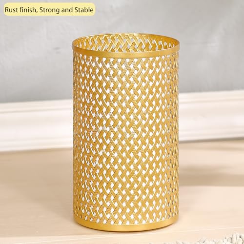 Image of Small Gold Trash Can for Bathroom, Metal Garbage Can for Offices, Decorative Hollow-Out Garbage Can Waste Paper Bin, 7 inch W X 7 inch L X 12 inch H