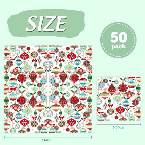 Quera 50 Pack Christmas Cocktail Napkins Disposable Vintage Lamp Ball Pine Branch Paper Napkins Winter Dinner Hand Napkin for Christmas Winter Holiday Party Supplies, 6.5 x 6.5 Inch – Image 3