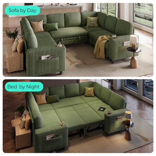 Image of LINSY HOME Sectional Sleeper Sofa with Pull Out Couch Bed - Convertible Plush Corduroy Cloud Couch with Storage Chaise & USB Charging, Comfy Modular Couches for Living Room, Green