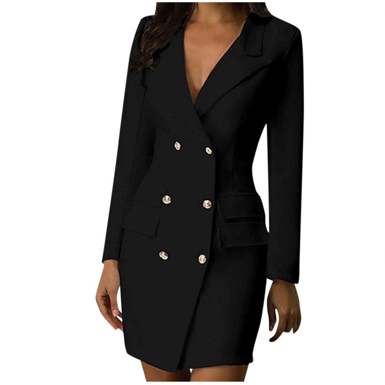 Womens Blazer Dresses Long Sleeve Button Front Elegant Solid Blazer Mini Dress Double Breasted Long Jacket Coat Dress