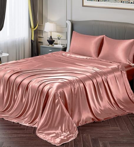 Image of COOLBEDS Satin Elastic Fitted Sheet & 2 Pillow Covers (Double, Blush)