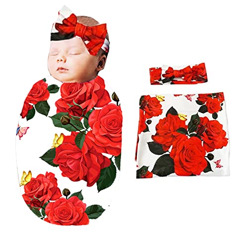 Image of Newborn Receiving Blanket Headband Set - Unisex Soft Swaddle Set Girl Boy Shower Gifts (PWB04-Swaddle+Bow Headband)