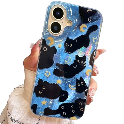 buccilly Compact Case for iPhone 16 Black cat Design,Cute Trendy Soft Slim TPU Shockproof Protective Bumper Phone Cases Cover for Women Girls Aesthetic Glitter Shiny Adorable